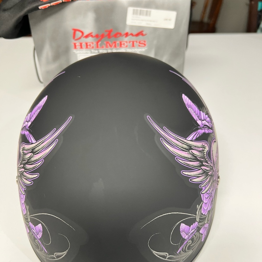 Matte Black Helmet with Purple 'Wild at Heart' Heart & Wings Graphic - Picture 2 of 5